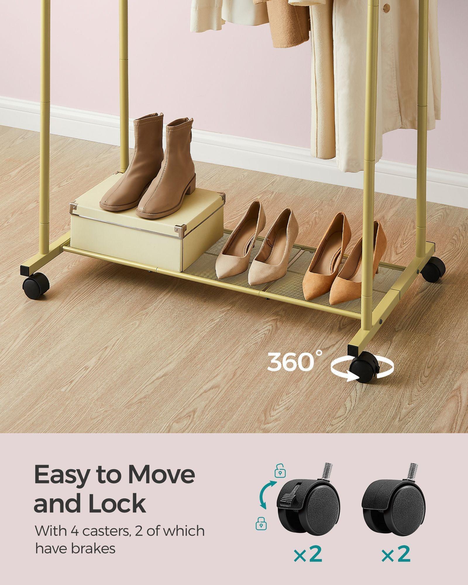 35.8" Wide Double-Rod Garment Rack on Wheels Champagne Gold FredCo