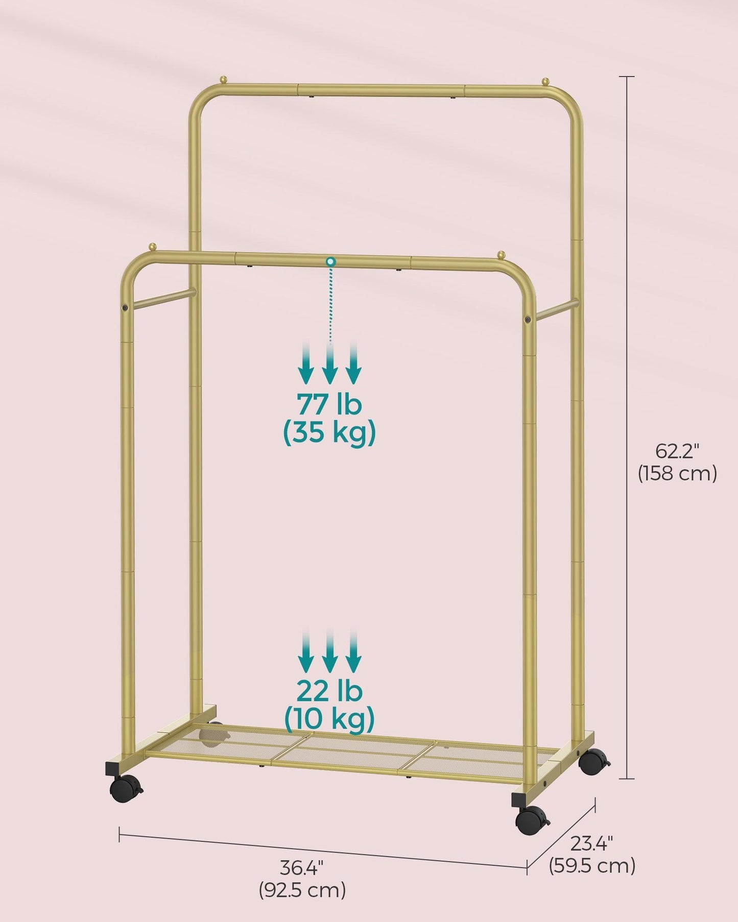 35.8" Wide Double-Rod Garment Rack on Wheels Champagne Gold FredCo