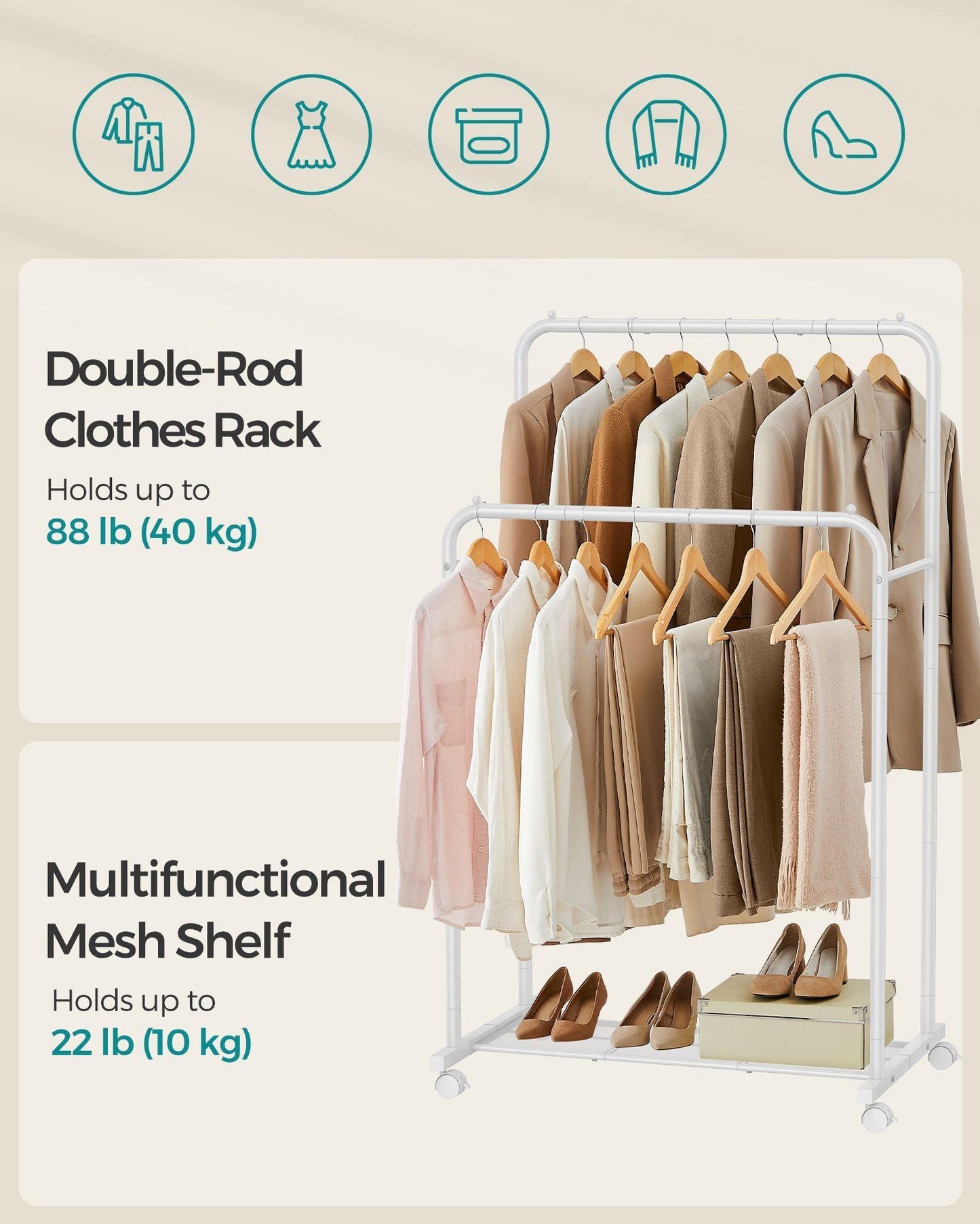 35.8" Wide Double-Rod Garment Rack on Wheels Cloud White FredCo