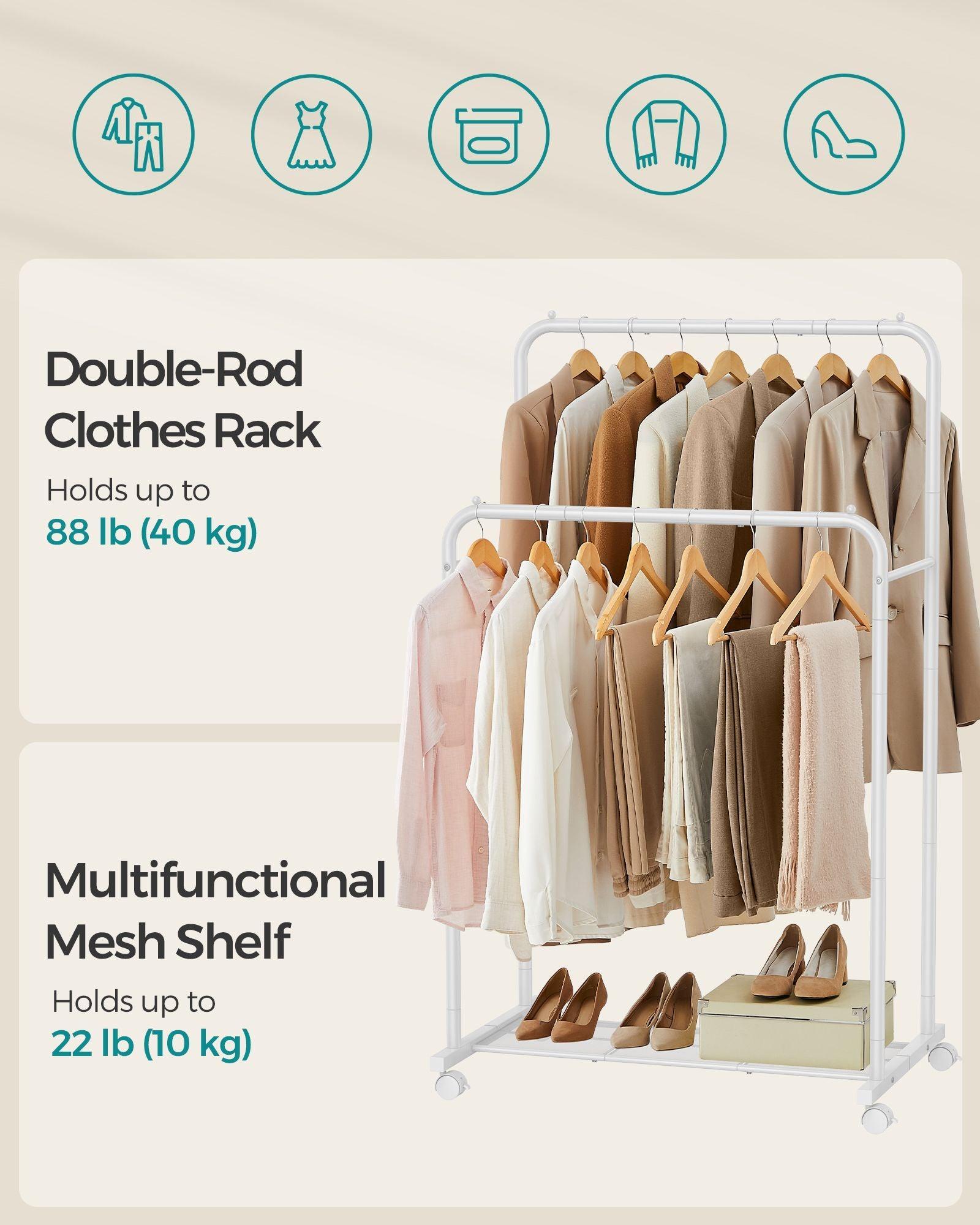 35.8" Wide Double-Rod Garment Rack on Wheels Cloud White FredCo