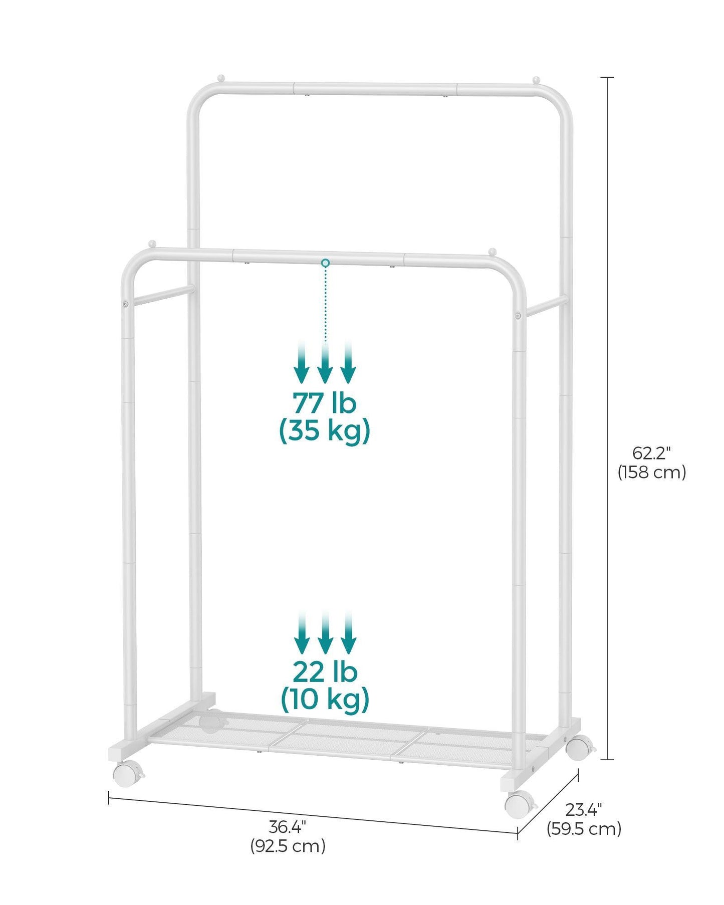 35.8" Wide Double-Rod Garment Rack on Wheels Cloud White FredCo