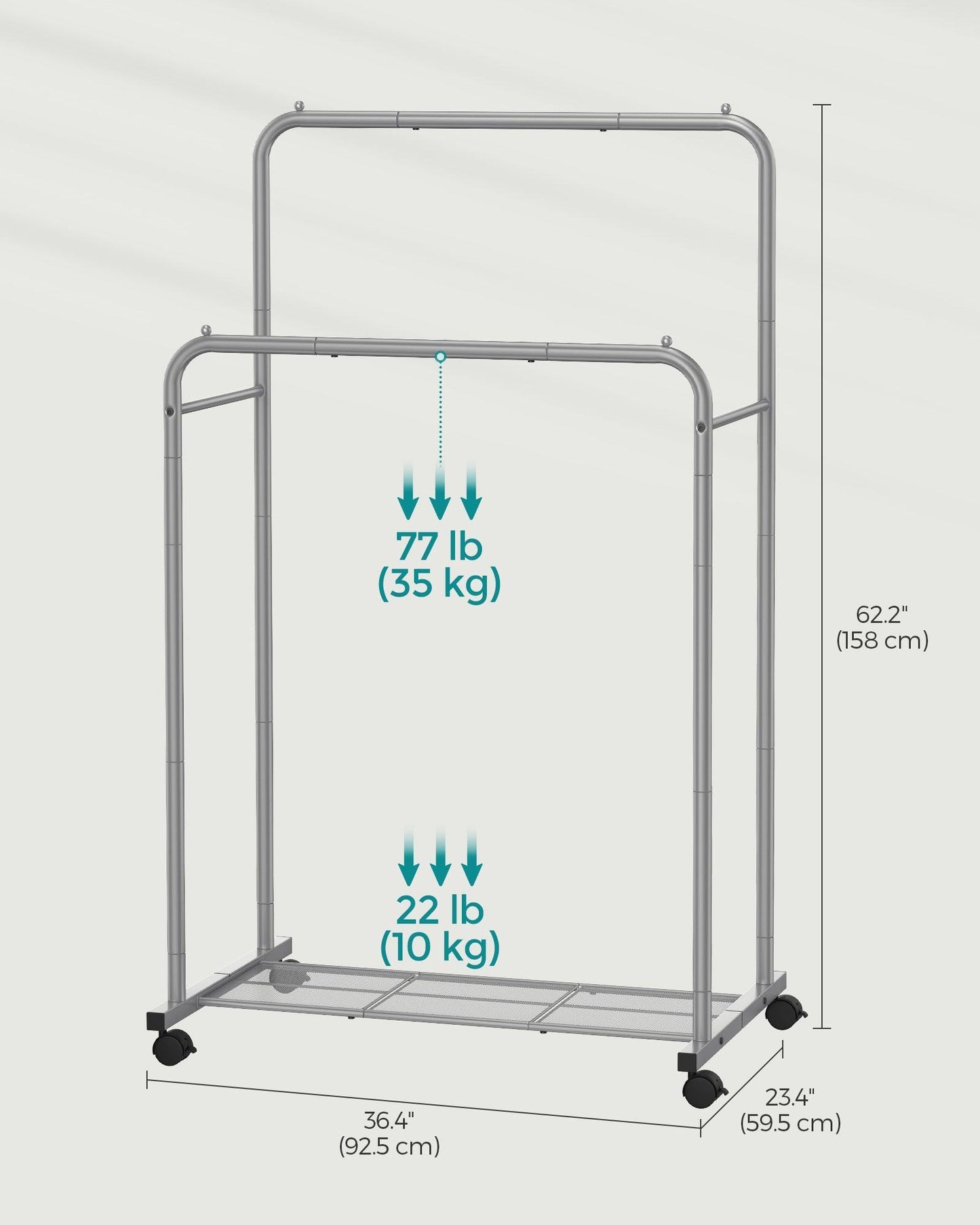 35.8" Wide Double-Rod Garment Rack on Wheels Slate Gray FredCo