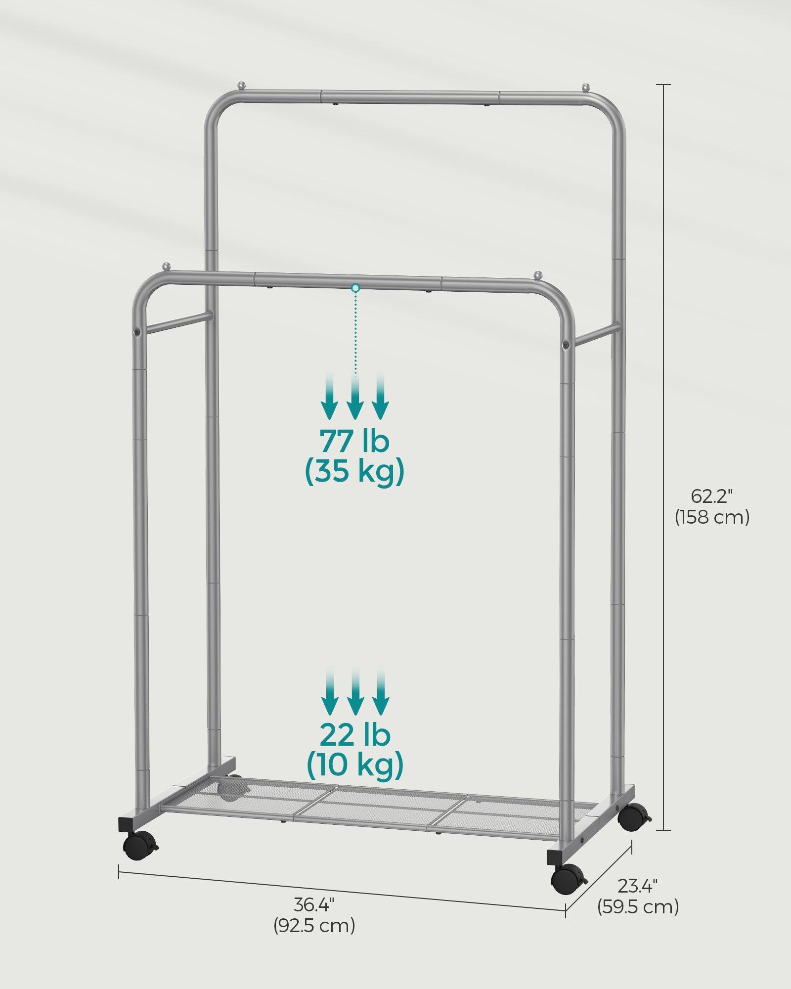 35.8" Wide Double-Rod Garment Rack on Wheels Slate Gray FredCo