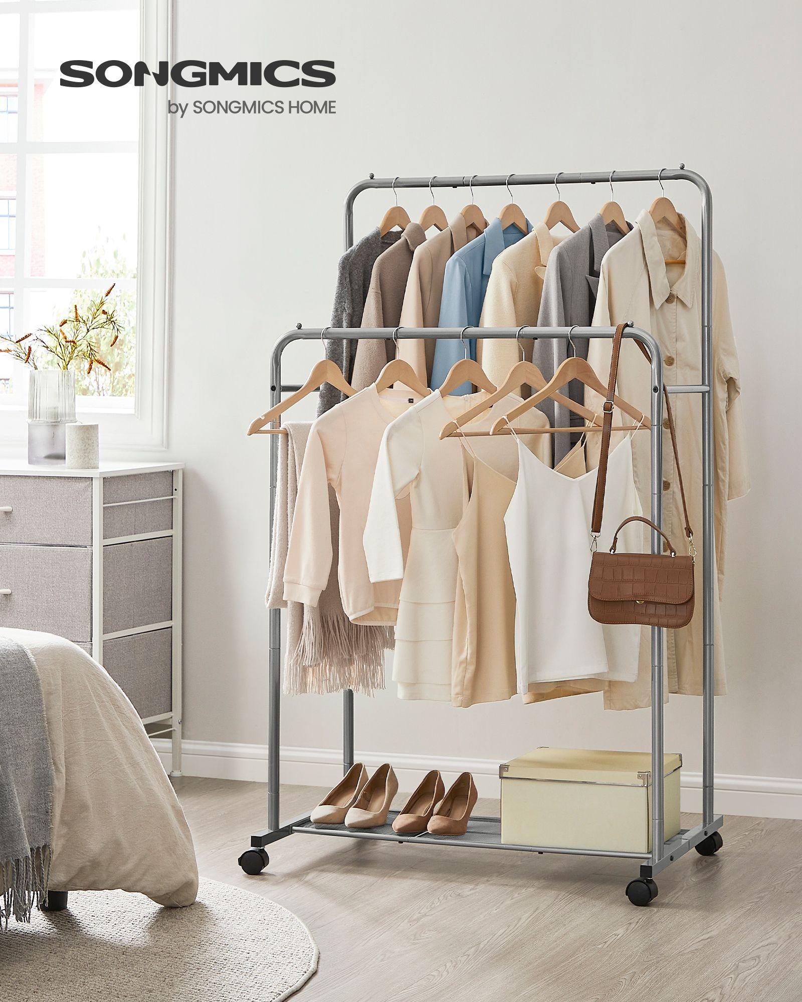 35.8" Wide Double-Rod Garment Rack on Wheels Slate Gray FredCo