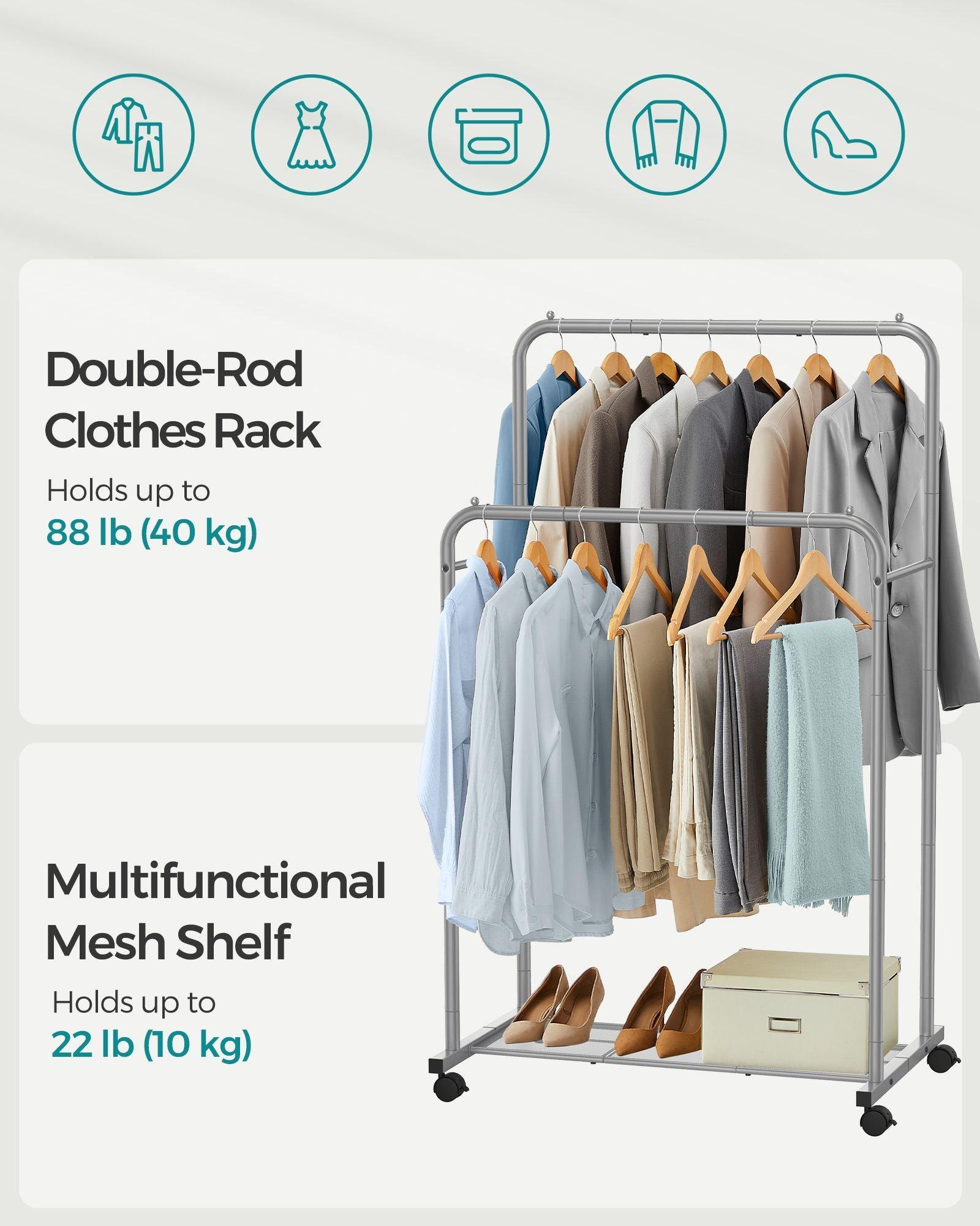 35.8" Wide Double-Rod Garment Rack on Wheels Slate Gray FredCo