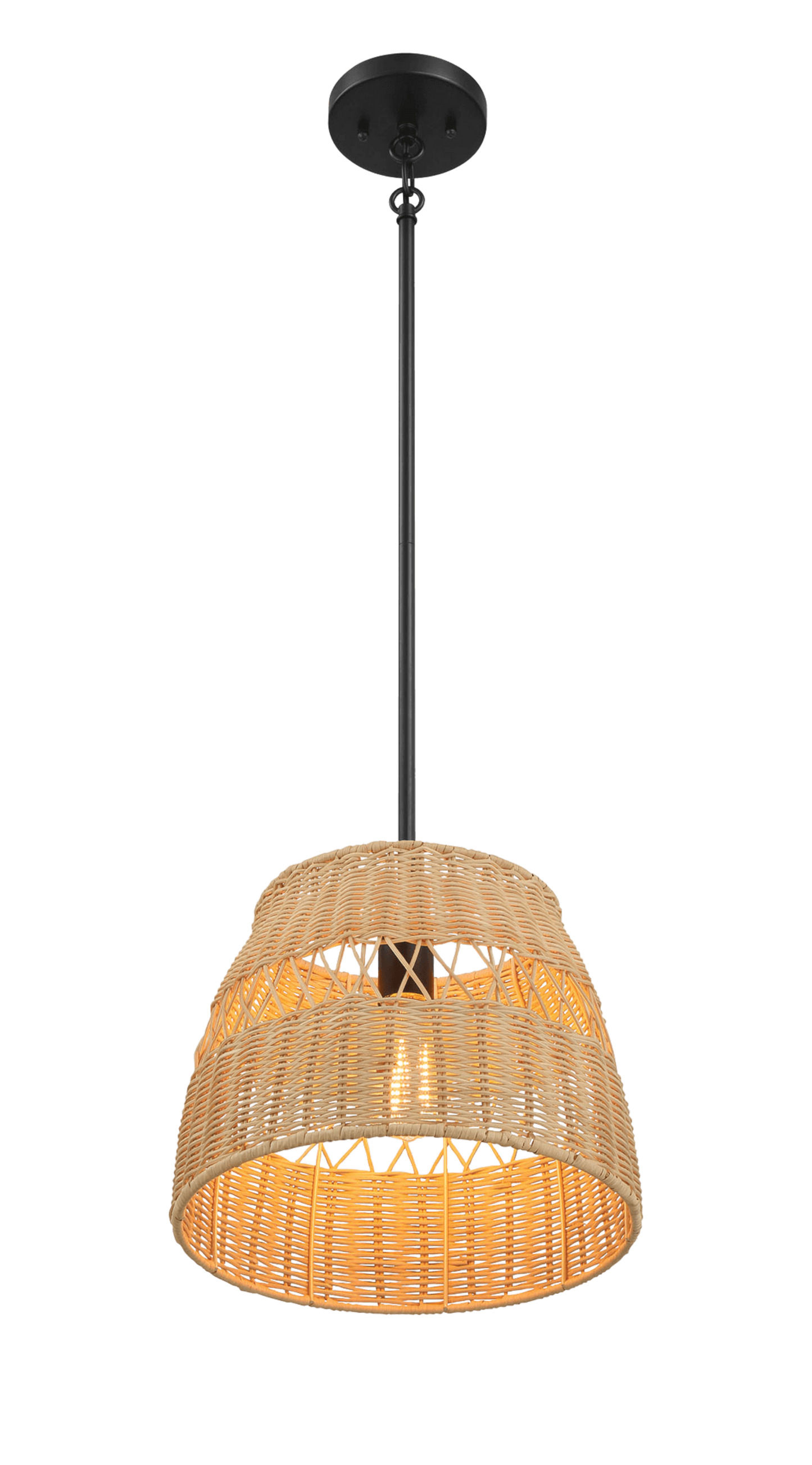Modern woven rattan pendant light fixture with black mount from FredCo International