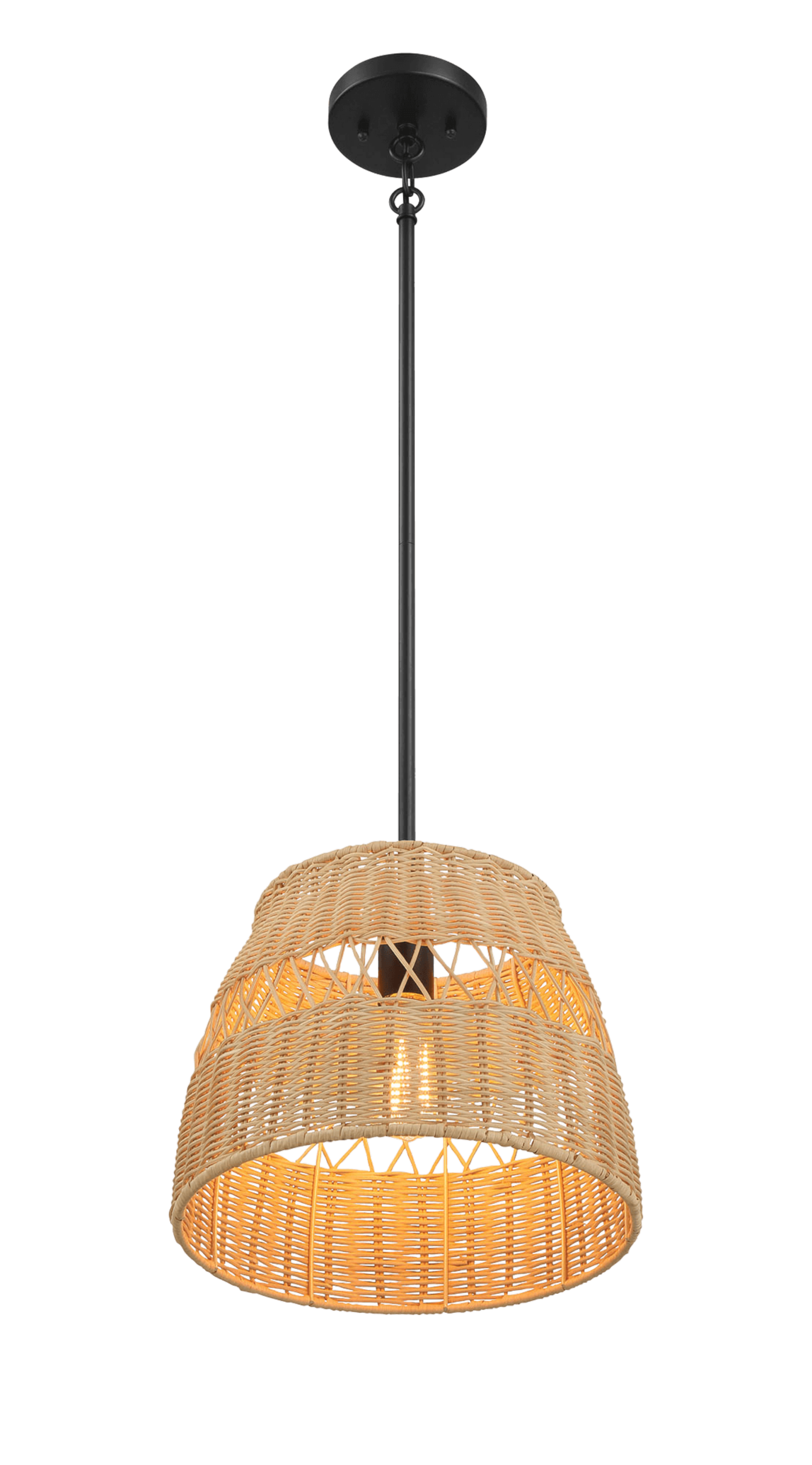 Modern woven rattan pendant light fixture with black mount from FredCo International