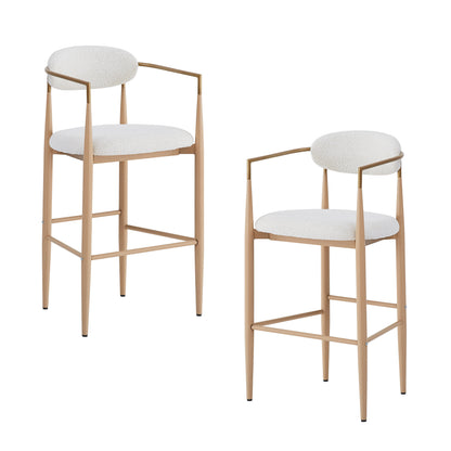 Barstools Set of 2, Upholstered Bar Stools with Back for Kitchen Island, Beige Fabric Seating, Natural Wood Iron Legs 260LBS Weight Capacity
