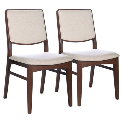 Pair of wooden dining chairs with beige upholstered seats and backs, FredCo International furniture