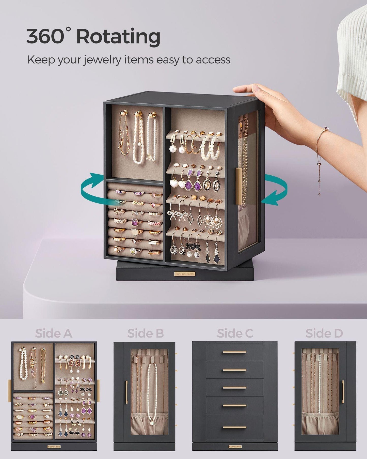 360° Rotating Jewellery Box Grey FredCo
