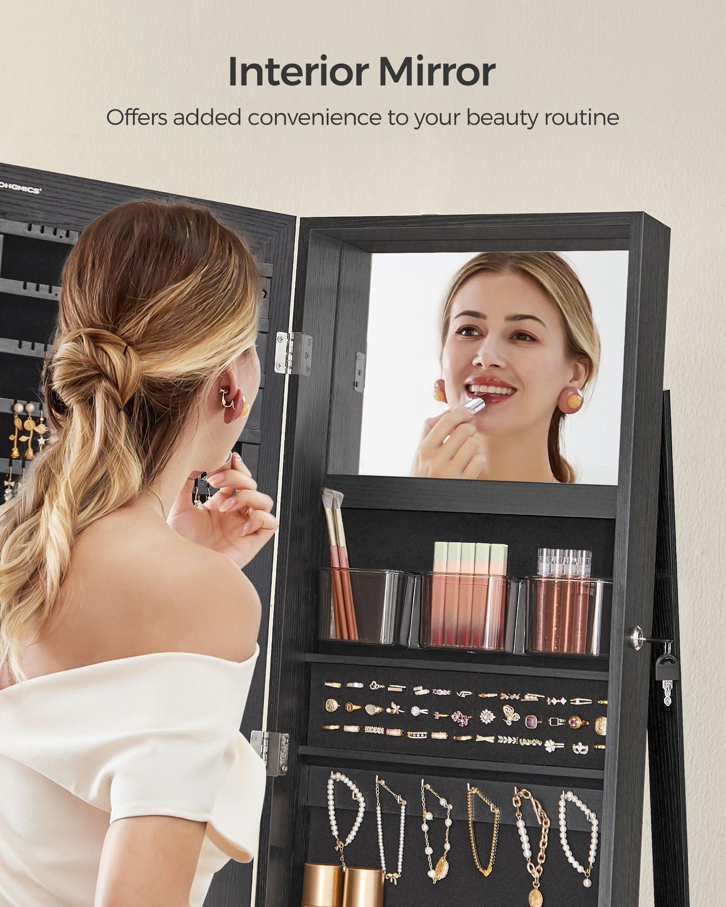 360° Swivel Jewelry Cabinet, Lockable Jewelry Organizer with Full-Length Mirror FredCo