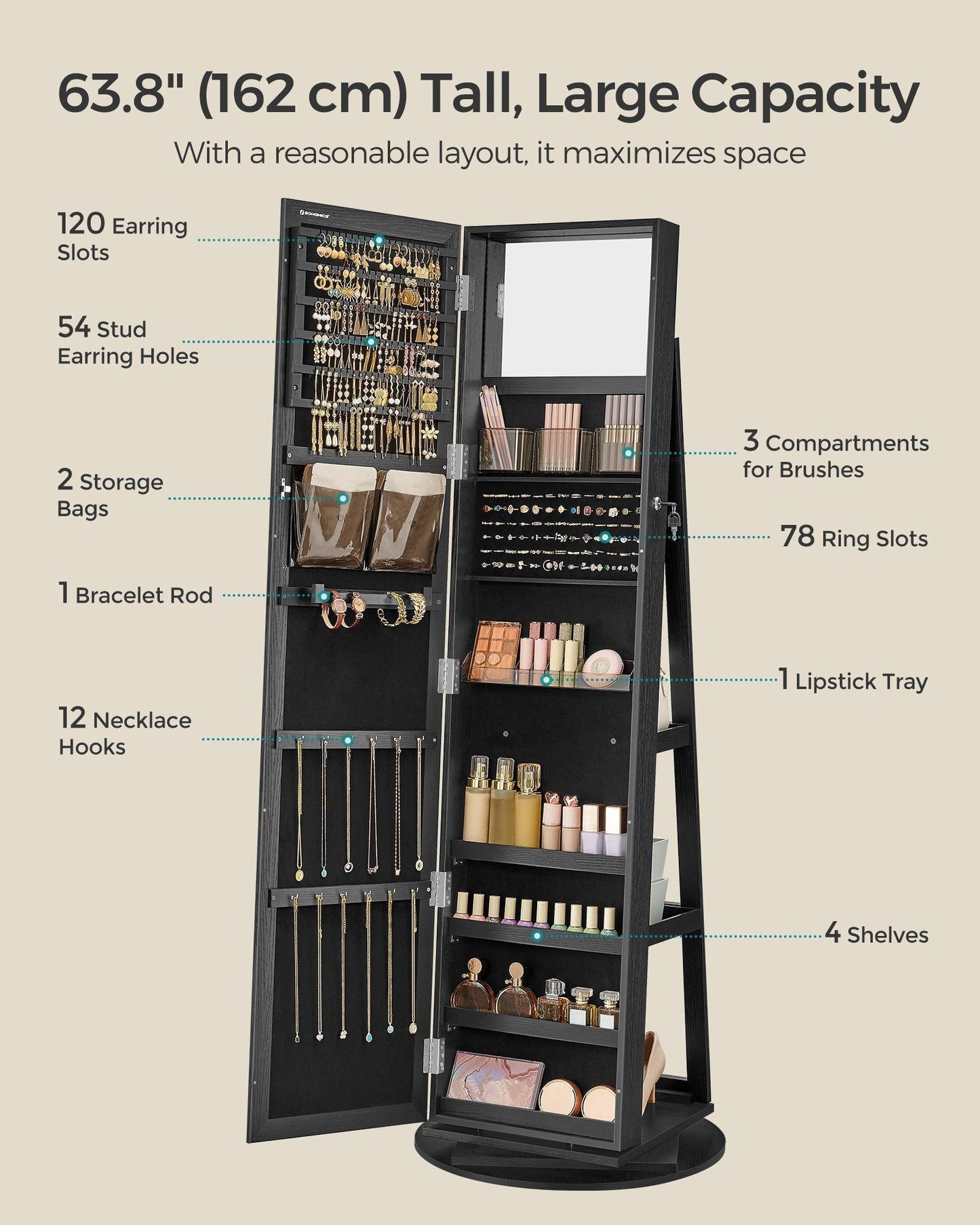360° Swivel Jewelry Cabinet, Lockable Jewelry Organizer with Full-Length Mirror FredCo