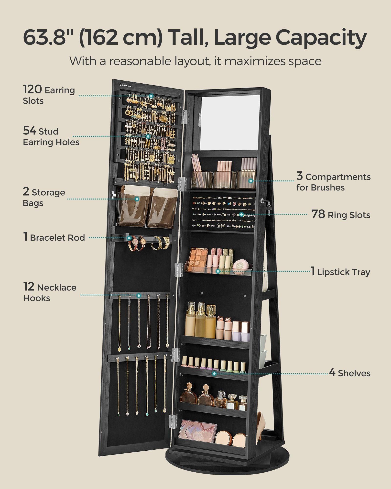 360° Swivel Jewelry Cabinet, Lockable Jewelry Organizer with Full-Length Mirror FredCo
