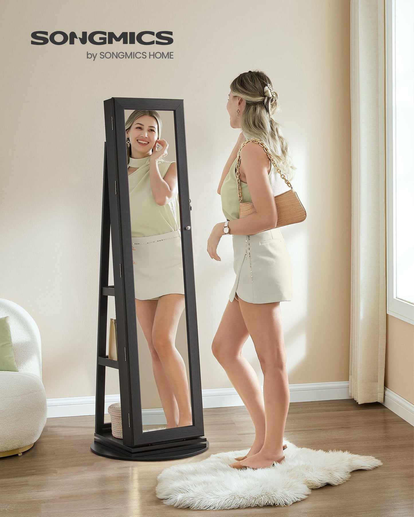 360° Swivel Jewelry Cabinet, Lockable Jewelry Organizer with Full-Length Mirror FredCo