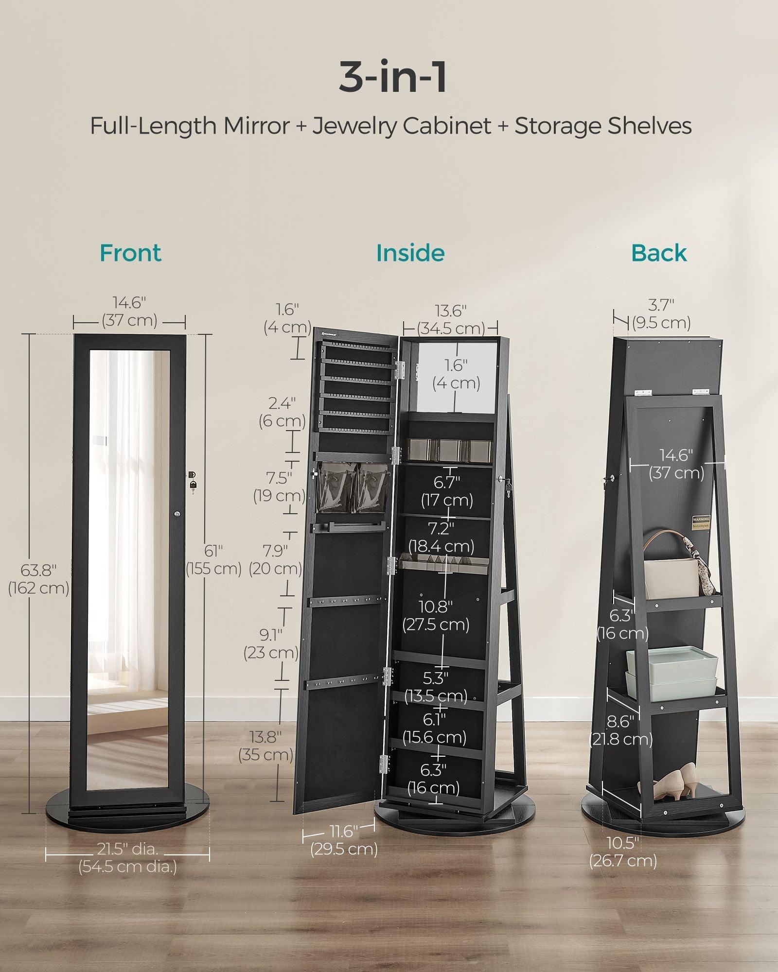 360° Swivel Jewelry Cabinet, Lockable Jewelry Organizer with Full-Length Mirror FredCo