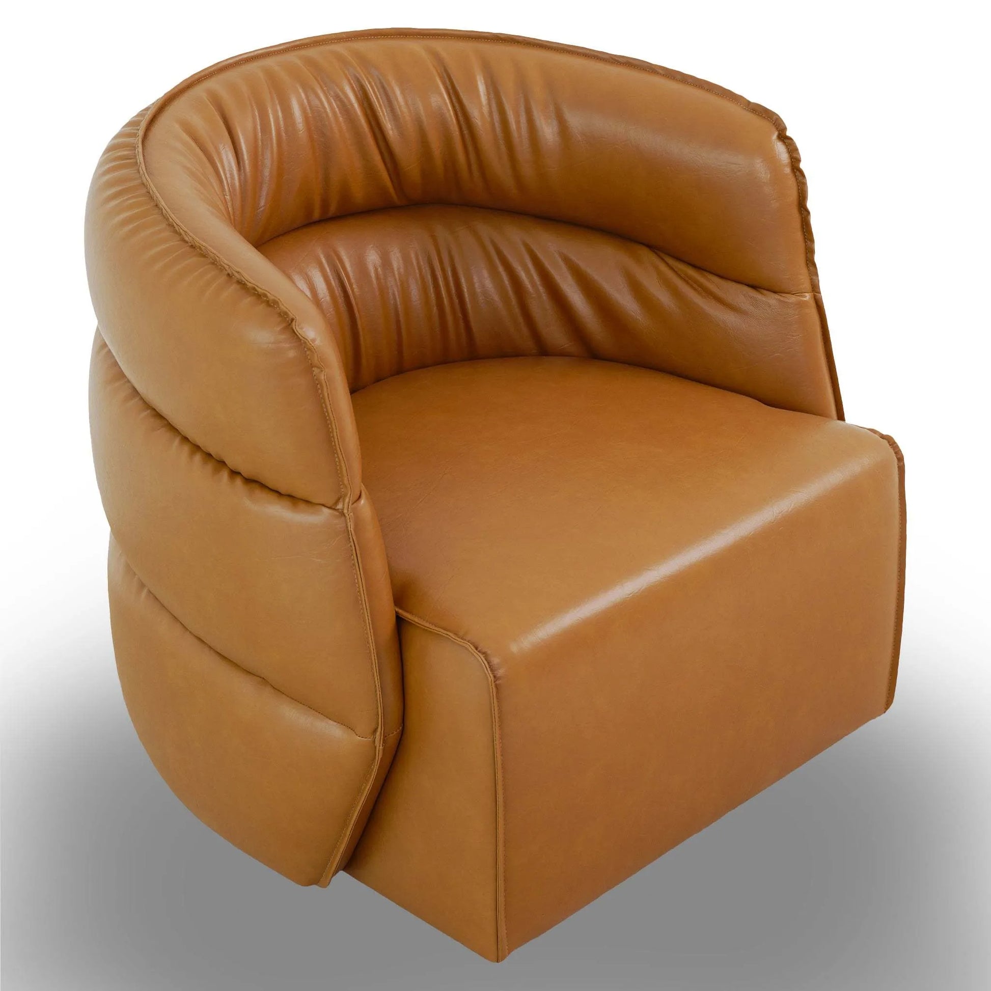 Modern tan leather barrel accent chair, cushioned, for home living room furniture
