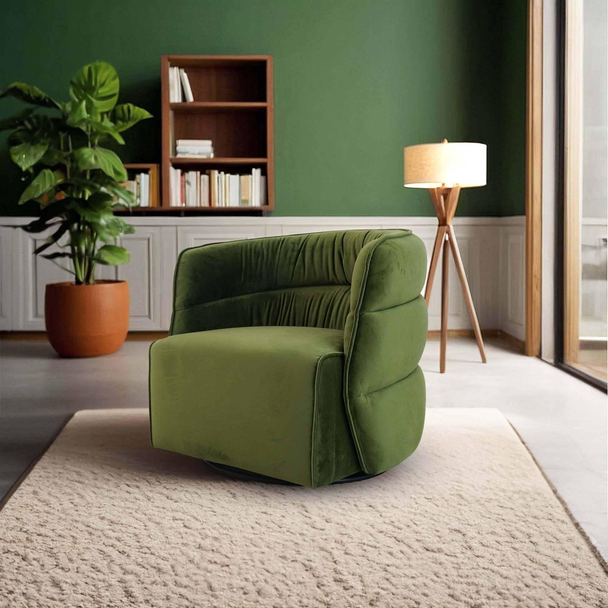 Green velvet swivel chair in modern living room with plant, bookshelf, and floor lamp