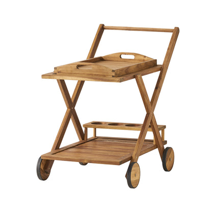 RIVIERA BAR CART Natural Stained Acacia Wood Mobile Bar Cart with Wheels for Entertaining