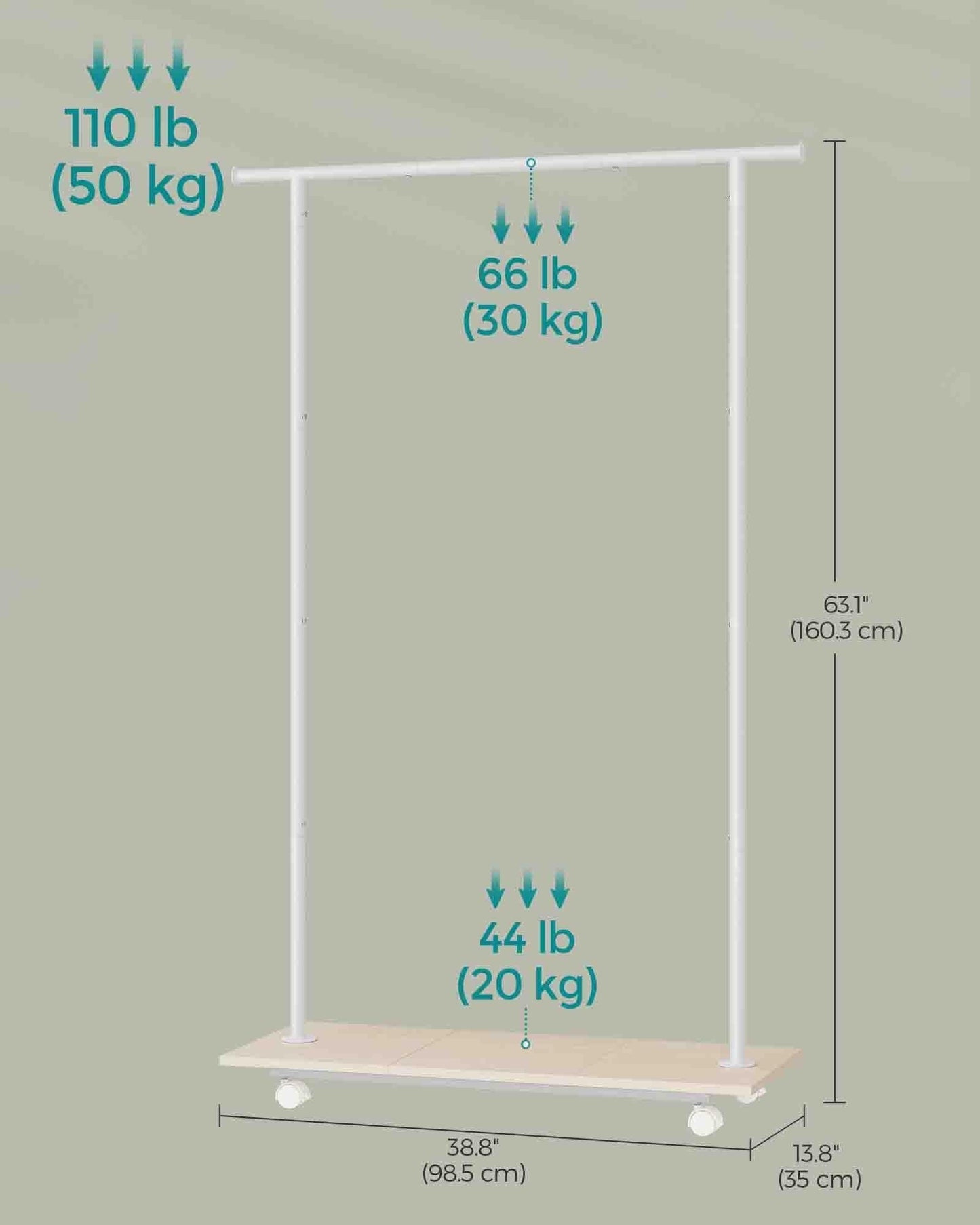 38.8" Wide Clothes Rack with Wheels Natural Beige and Cloud White FredCo