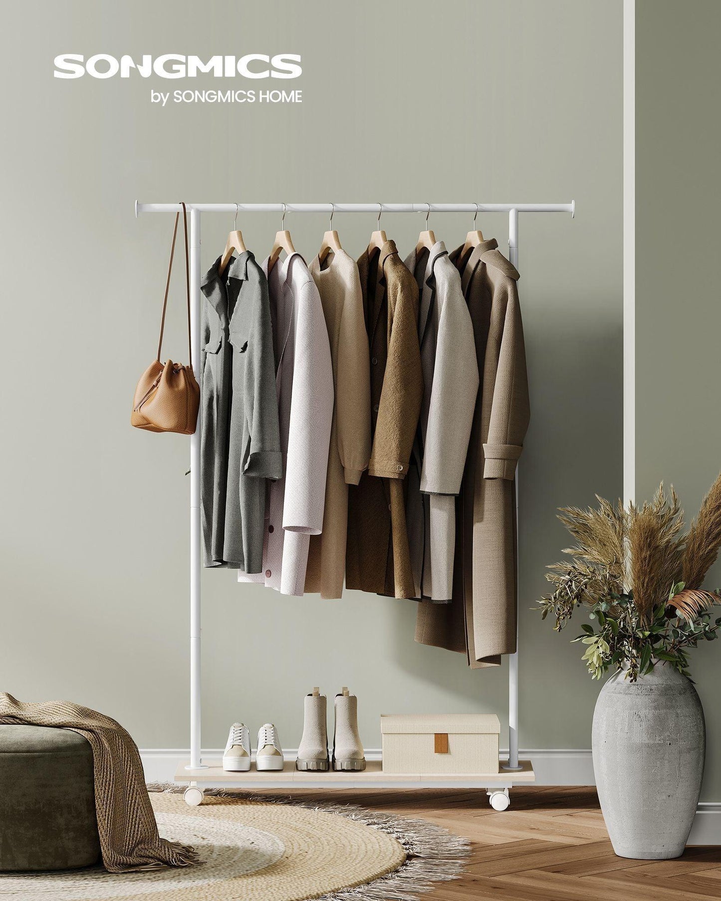 38.8" Wide Clothes Rack with Wheels Natural Beige and Cloud White FredCo
