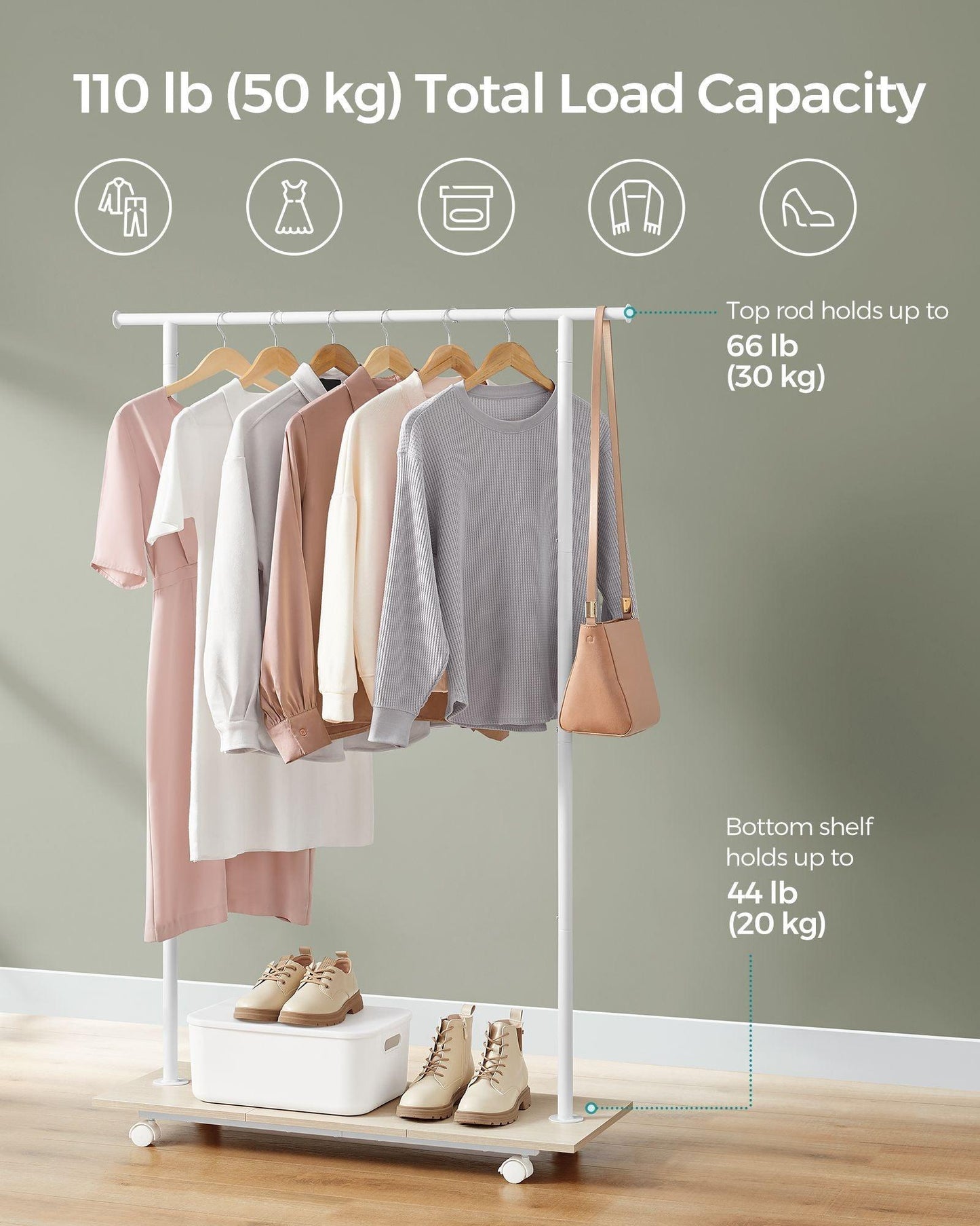 38.8" Wide Clothes Rack with Wheels Natural Beige and Cloud White FredCo