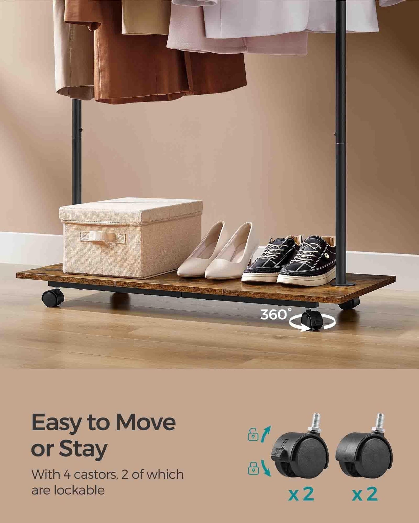 38.8" Wide Clothes Rack with Wheels Rustic Brown and Ink Black FredCo