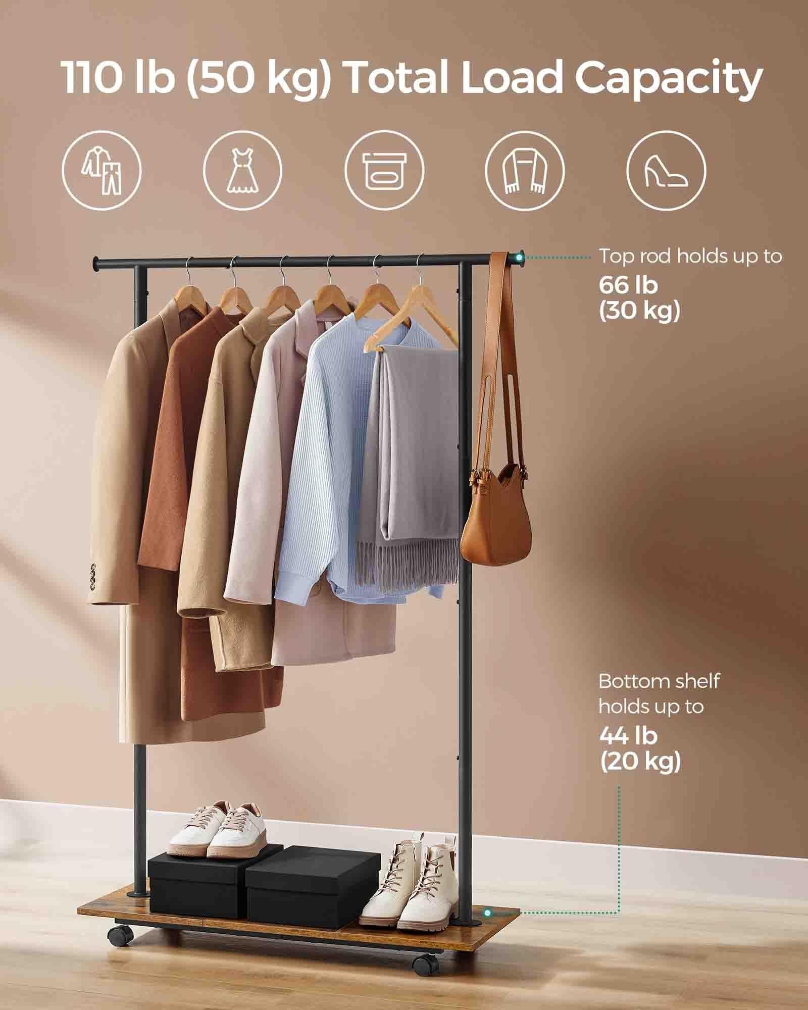 38.8" Wide Clothes Rack with Wheels Rustic Brown and Ink Black FredCo