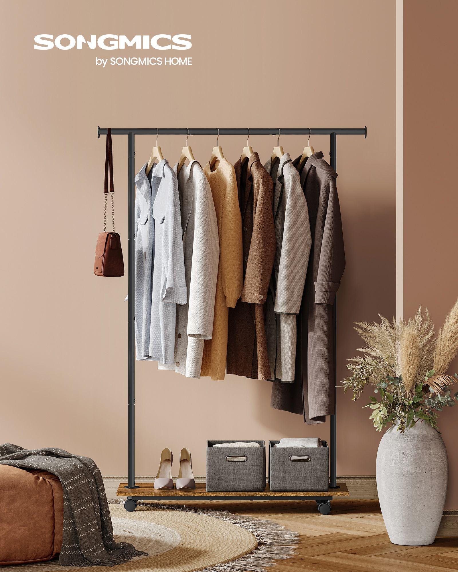 38.8" Wide Clothes Rack with Wheels Rustic Brown and Ink Black FredCo