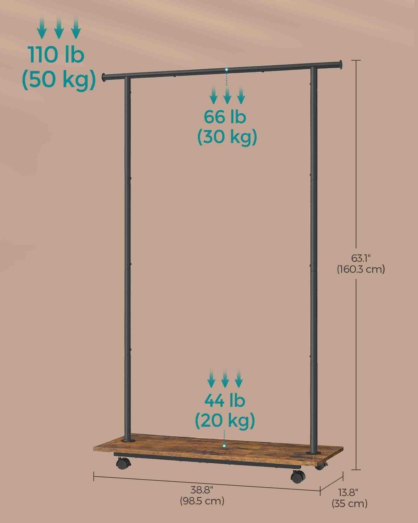 38.8" Wide Clothes Rack with Wheels Rustic Brown and Ink Black FredCo
