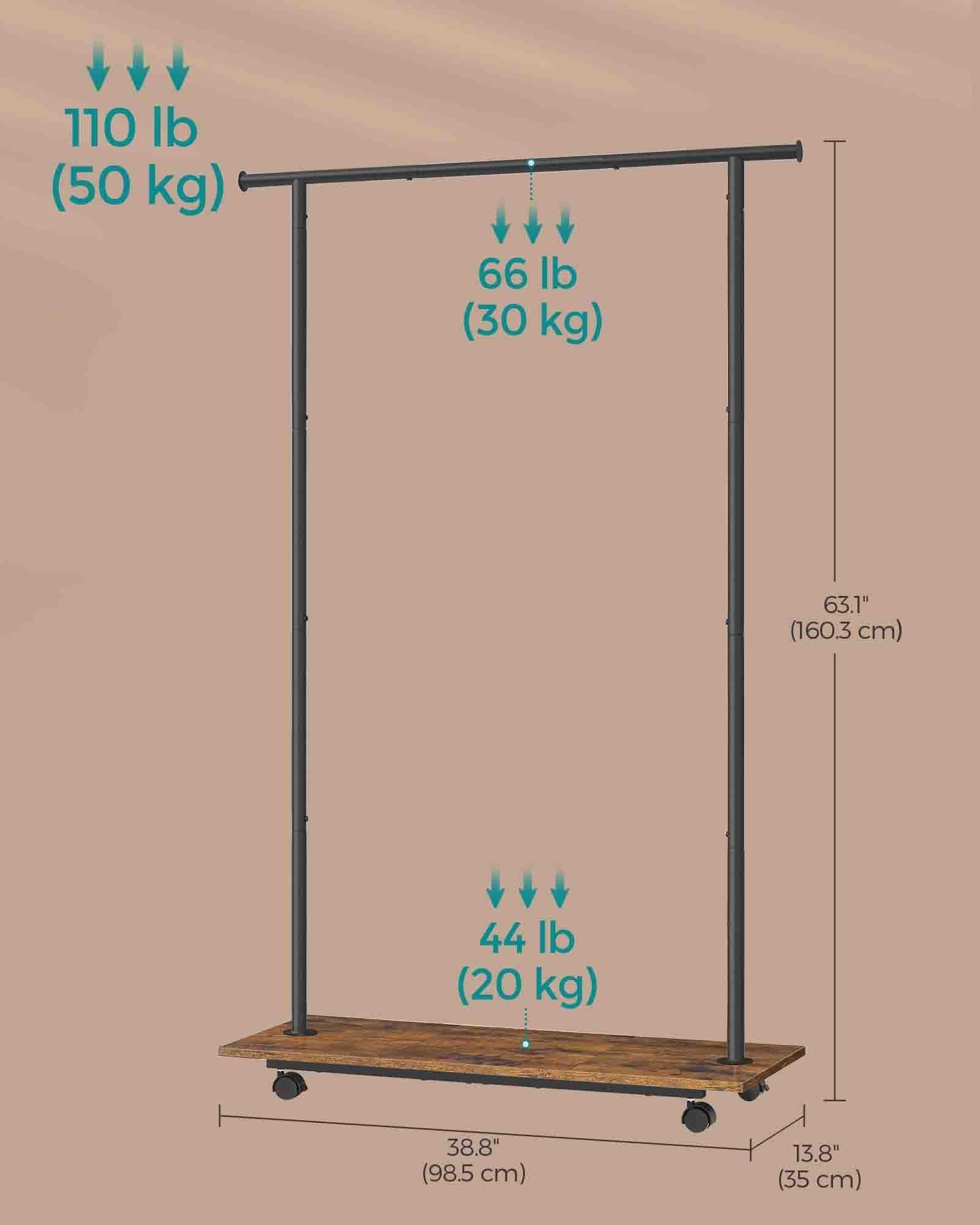 38.8" Wide Clothes Rack with Wheels Rustic Brown and Ink Black FredCo