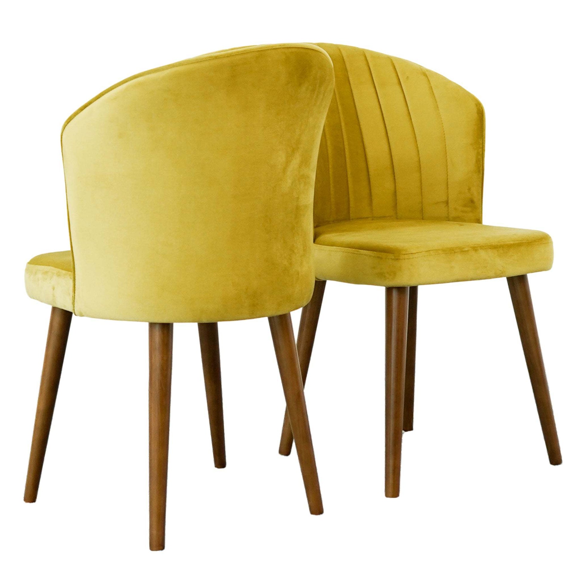 Pair of modern yellow velvet dining chairs with wooden legs from FredCo International furniture