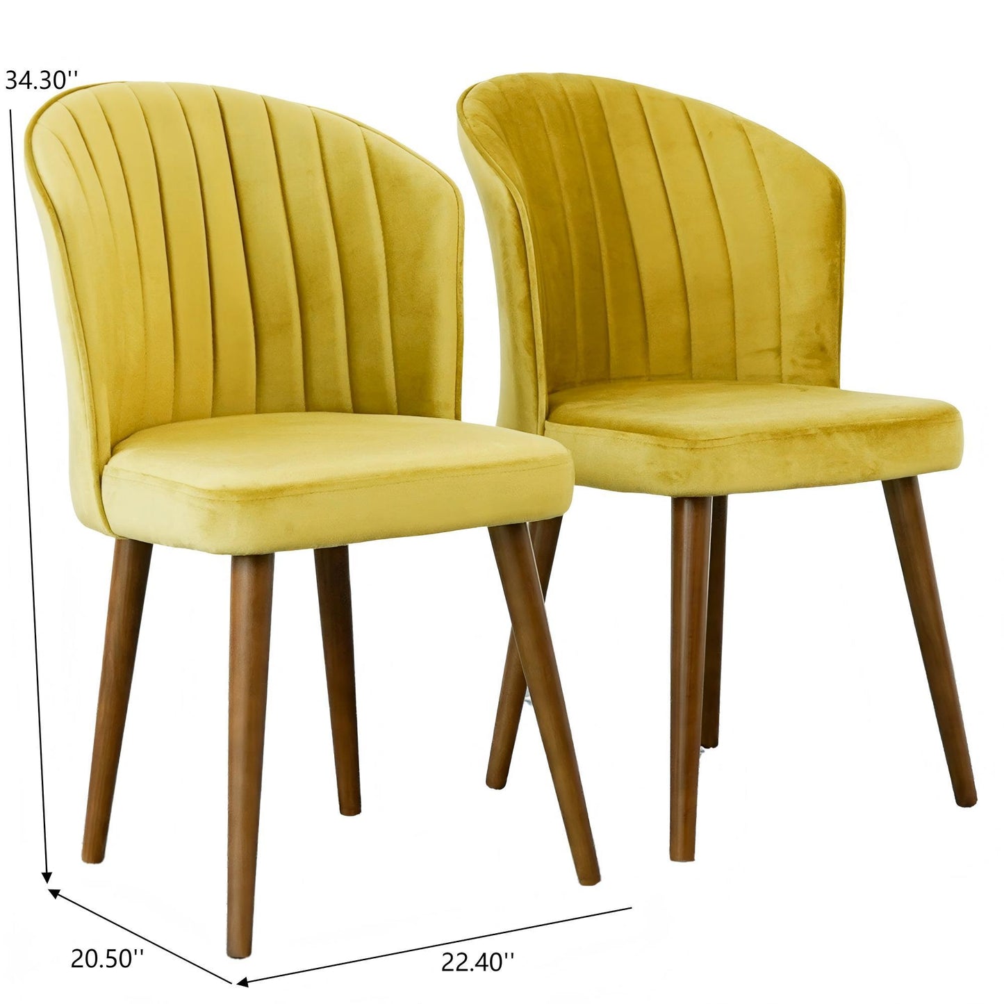 Pair of yellow velvet accent chairs with wood legs, mid-century modern dining room furniture