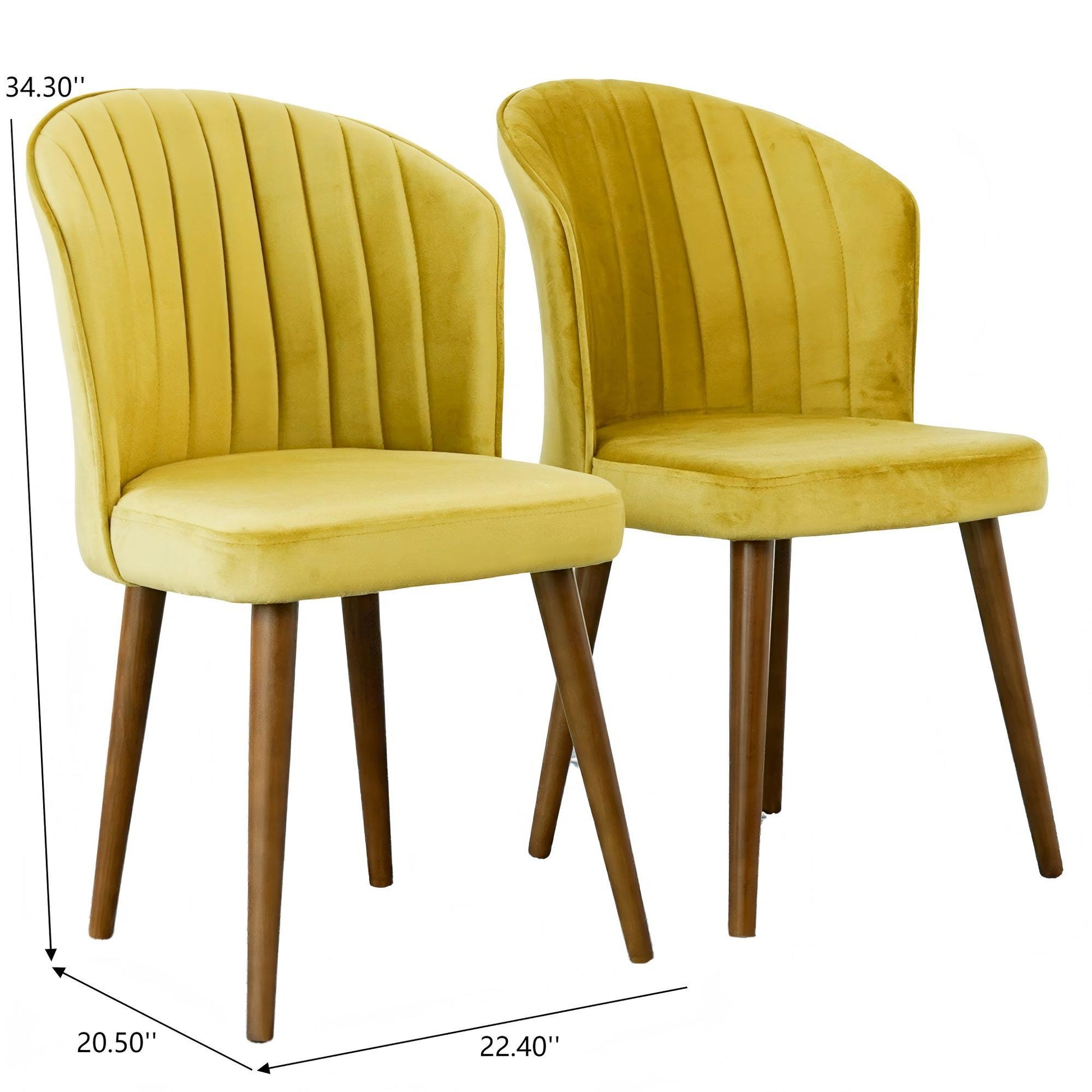 Pair of yellow velvet accent chairs with wood legs, mid-century modern dining room furniture