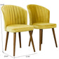 Pair of yellow velvet accent chairs with wood legs, mid-century modern dining room furniture