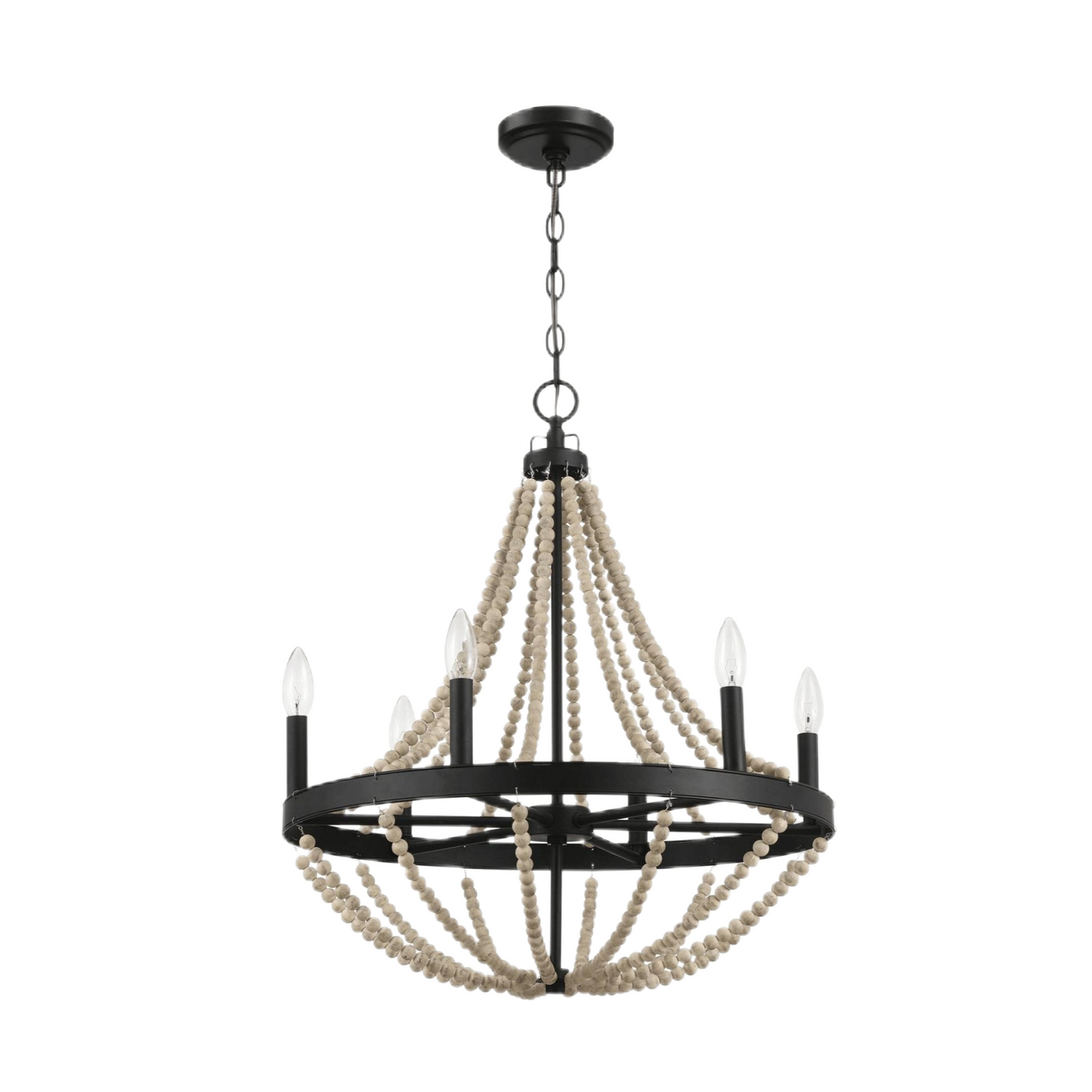 Starry Wood Chandelier Farmhouse Six Candle Light Wood Beaded Black Pendant Light for Dining Room FredCo