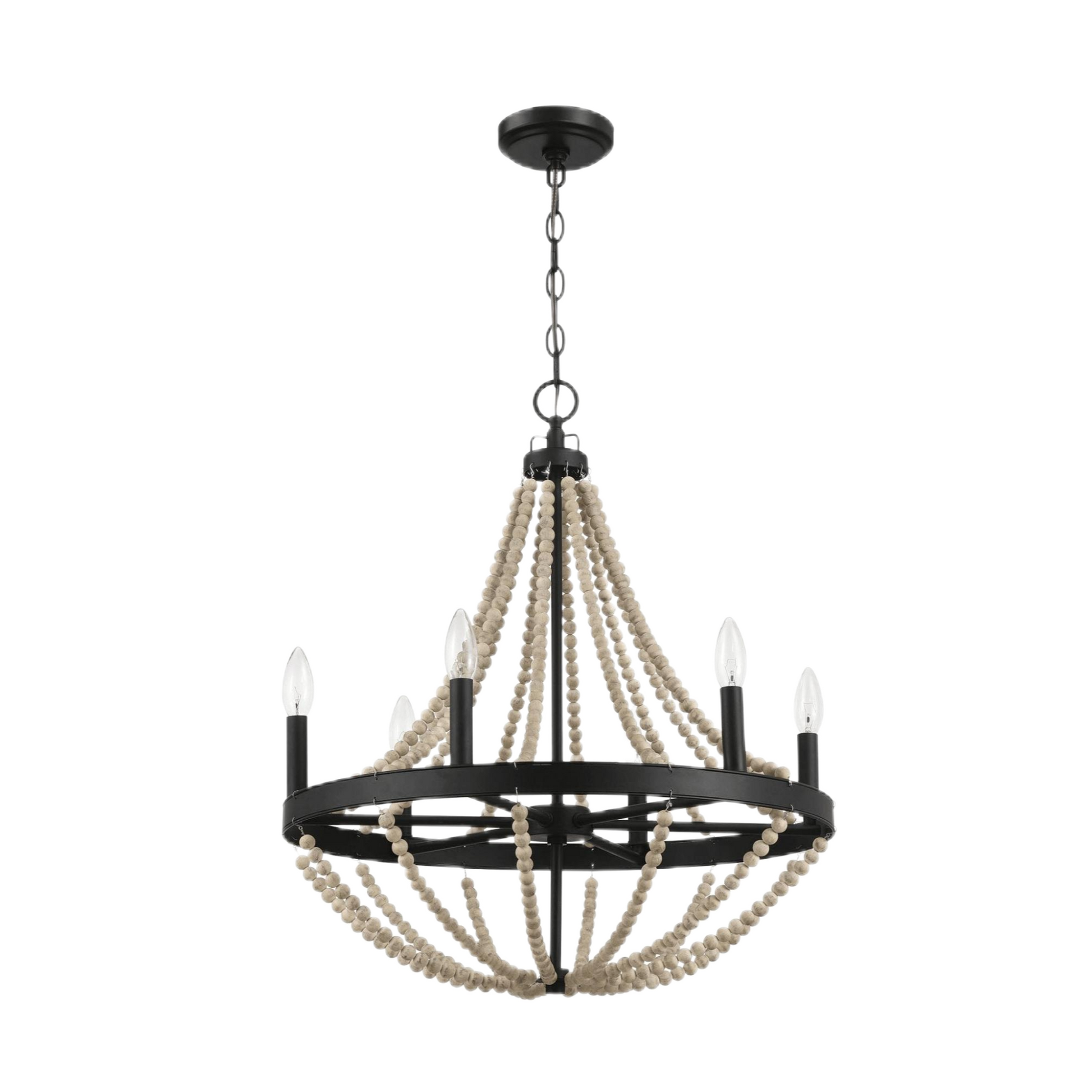 Starry Wood Chandelier Farmhouse Six Candle Light Wood Beaded Black Pendant Light for Dining Room FredCo