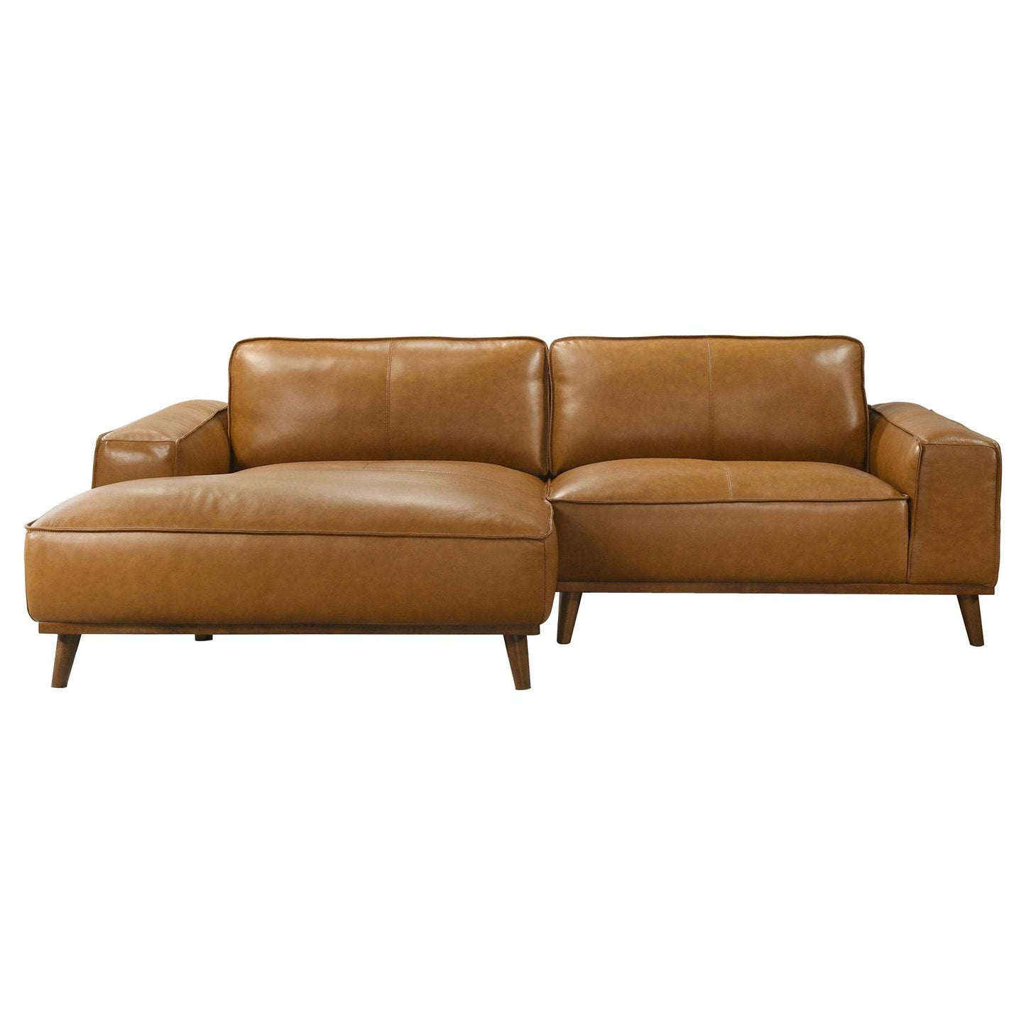Modern tan leather sectional sofa with chaise lounge, mid-century style, FredCo International furniture