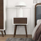 Modern bedroom with mid-century nightstand, white lamp, and wood furniture from FredCo International