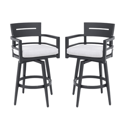 Modern Outdoor Swivel Bar Chairs Set of 2, 360 Degree Rotation, Aluminum Frame in Ember Black, with Ergonomic Backrest, Armrests & Sunbrella Cushions, Weather-Resistant