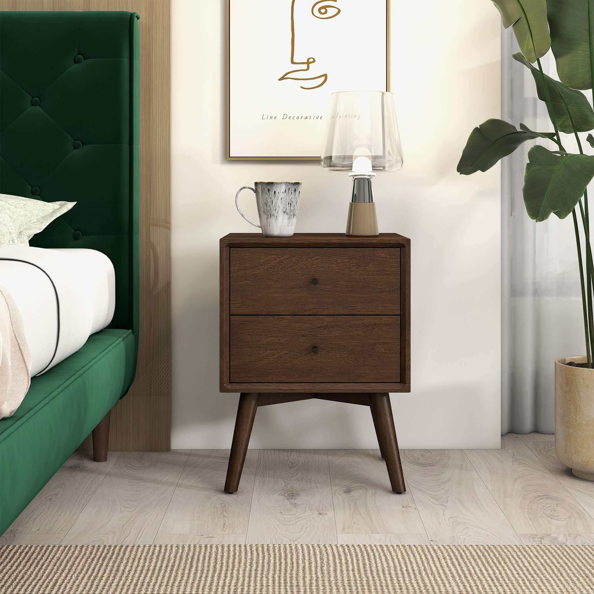Mid-Century Modern Caroline Night Stand 2-Drawer Dark Brown Solid Wood 23.6'H x 17.7'W x 15.7'D for Bedroom, Closet, Dorm FredCo
