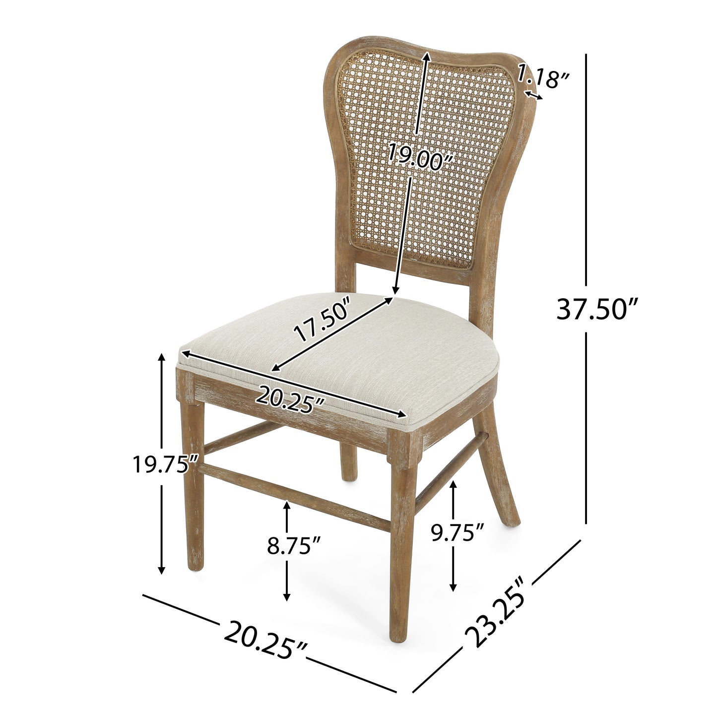 Classic Retro Dining Chair Set of 2 with Rattan Backrest, Dark Brown Rubberwood Frame, Beige Fabric Cushion FredCo