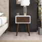 Modern wood nightstand with lamp and glass, next to bed in stylish bedroom setting