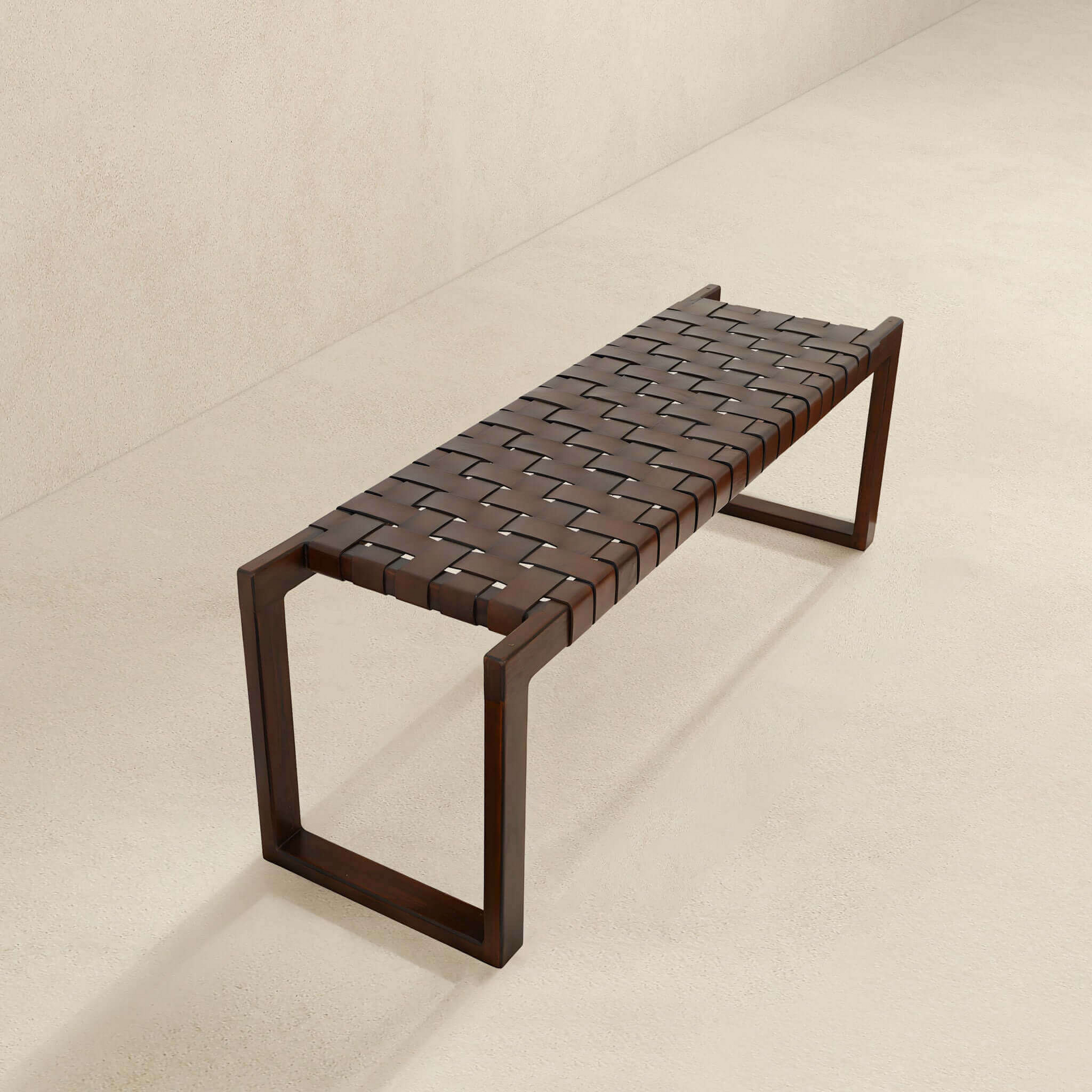 Christina Mid-Century Modern Tan Leather Bench with Solid Wood Frame and Tapered Legs 18.5'H x 55'W x 15.7'D for Living Room Bedroom Waiting Room FredCo