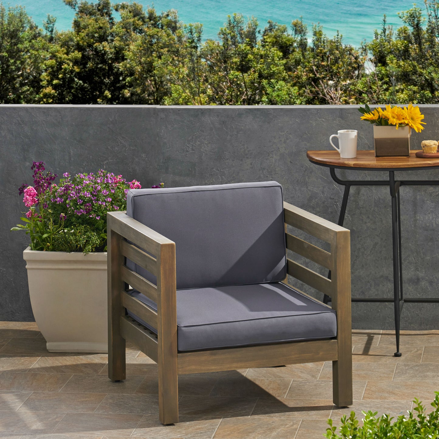 Outdoor Club Chair, Acacia Wood Patio Chair with Fabric Cushion for Backyard, Poolside, Garden or Porch, Grey FredCo