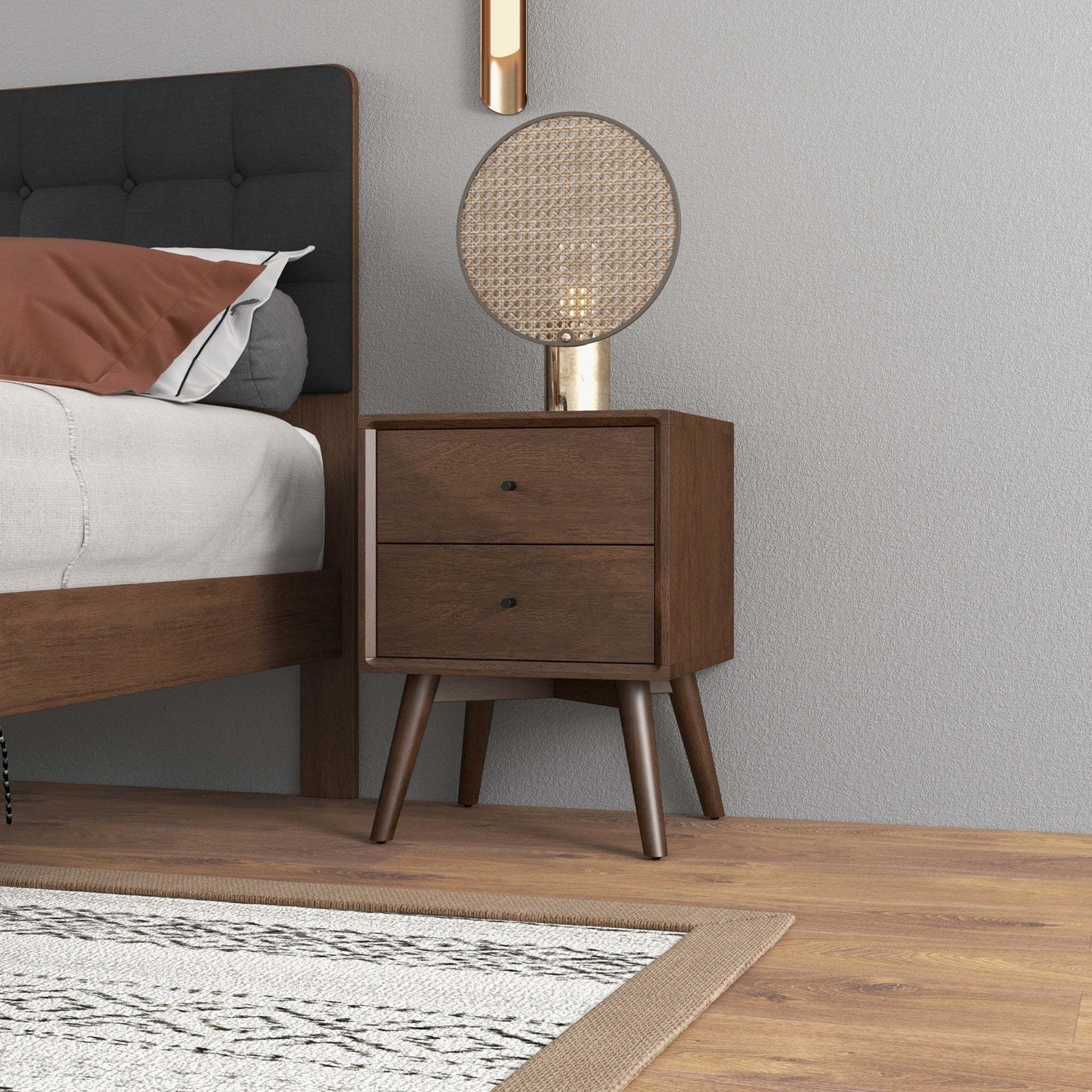 Mid-Century Modern Caroline Night Stand 2-Drawer Dark Brown Solid Wood 23.6'H x 17.7'W x 15.7'D for Bedroom, Closet, Dorm FredCo
