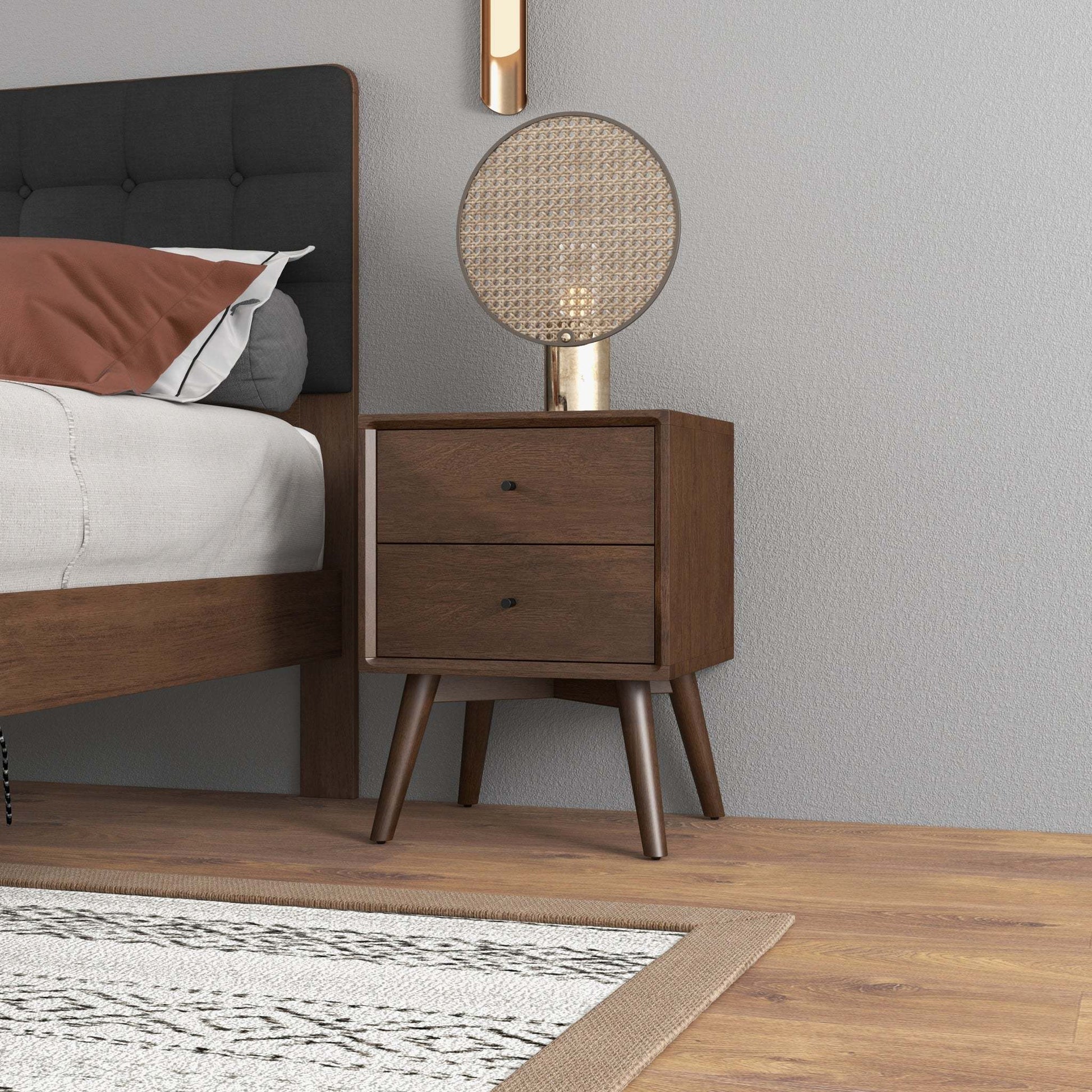 Mid-Century Modern Caroline Night Stand 2-Drawer Dark Brown Solid Wood 23.6'H x 17.7'W x 15.7'D for Bedroom, Closet, Dorm FredCo
