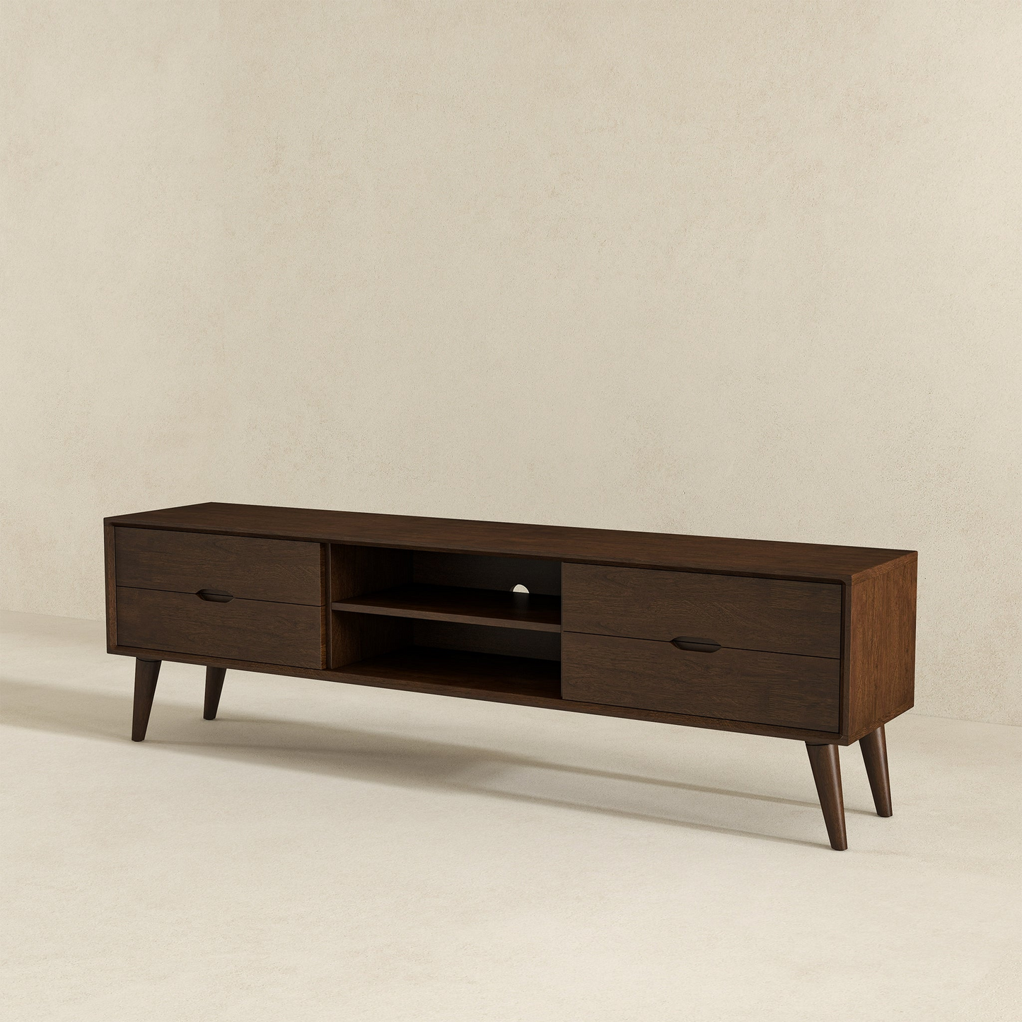 Mid-century modern dark wood TV stand with storage drawers and open shelves, FredCo furniture.