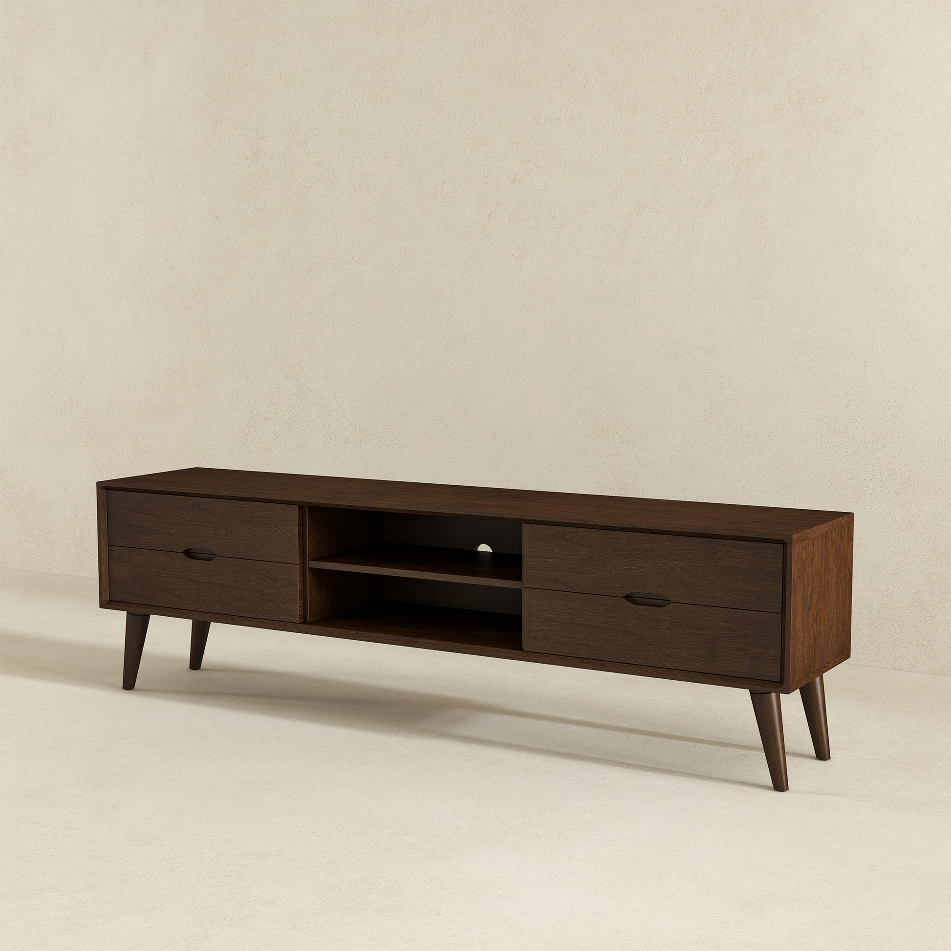Mid-century modern dark wood TV stand with storage drawers and open shelves, FredCo furniture.