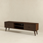 Mid-century modern dark wood TV stand with storage drawers and open shelves, FredCo furniture.