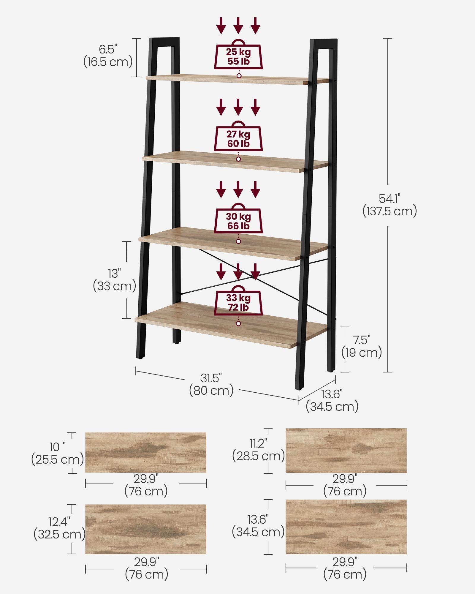4-Tier Bookshelf Camel Brown and Black FredCo